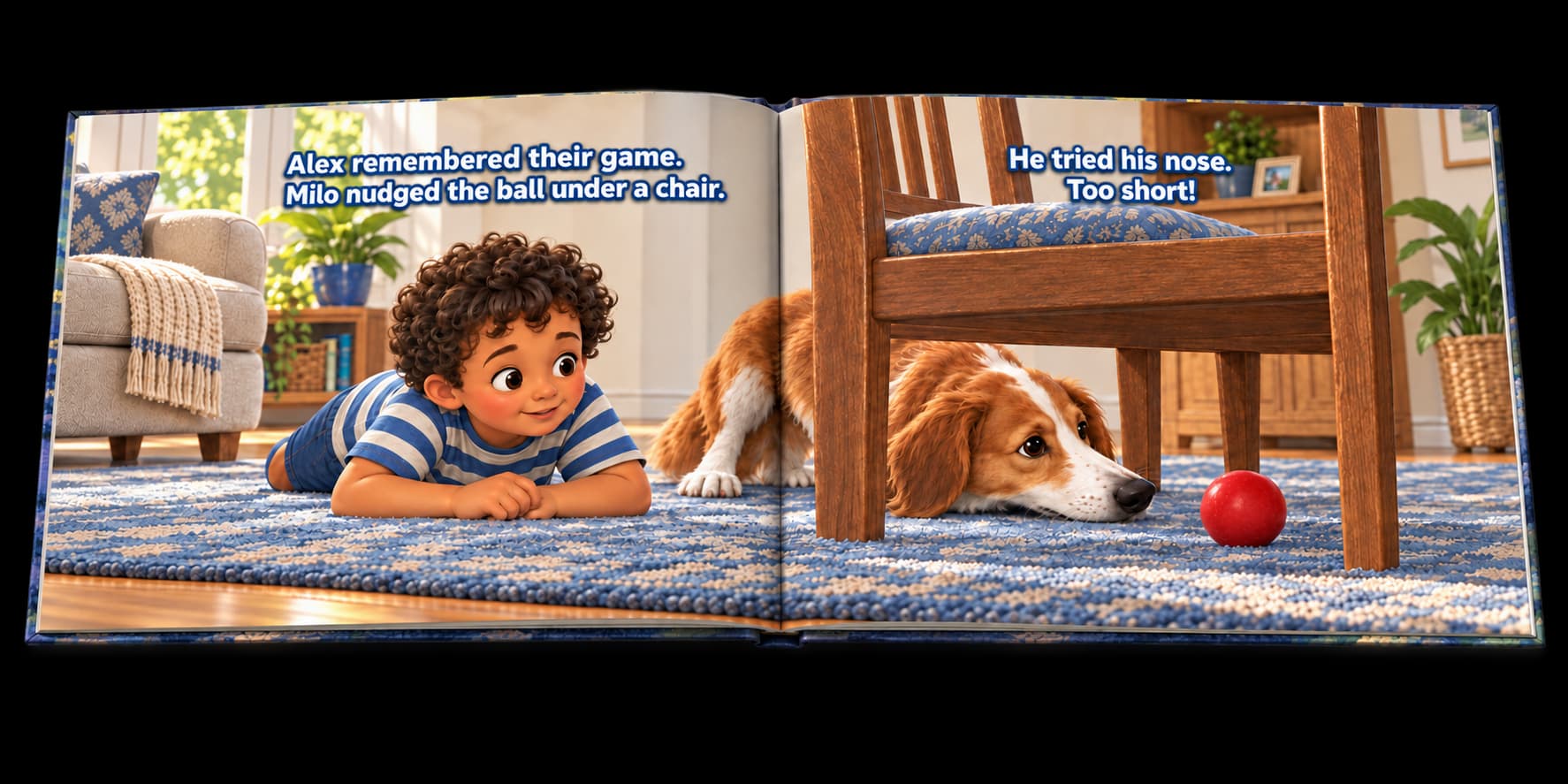 Open Remembering Milo example book showing Alex and Milo’s red ball game under a chair.