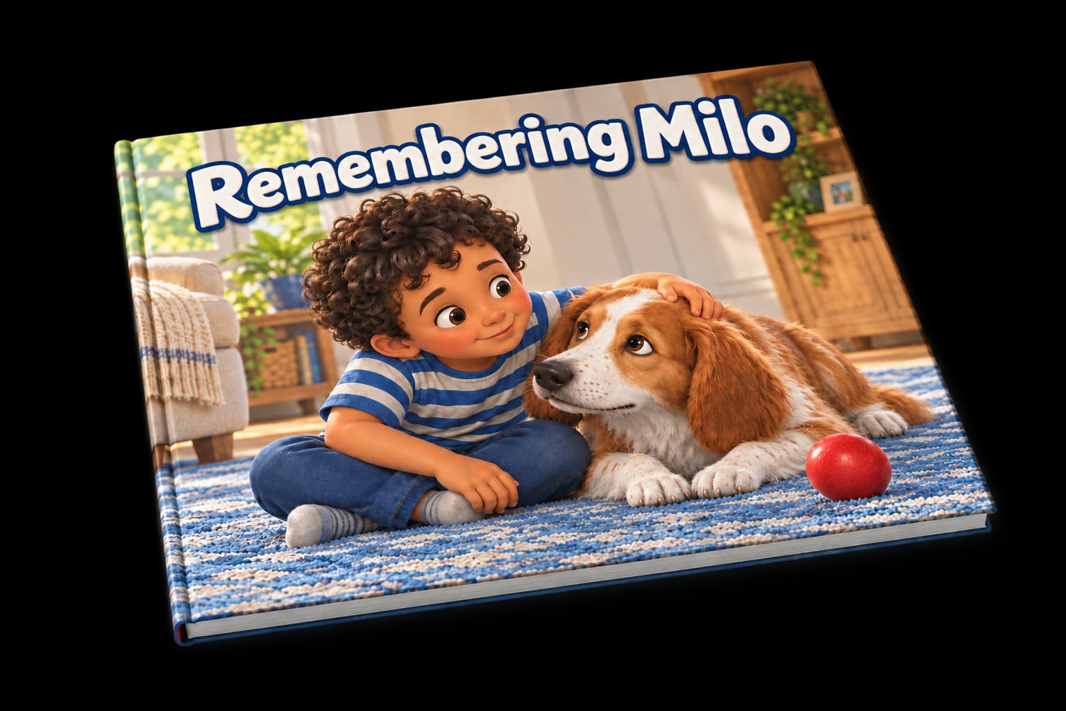 Example Remembering Milo hardcover, showing Alex and Milo on the personalized cover.