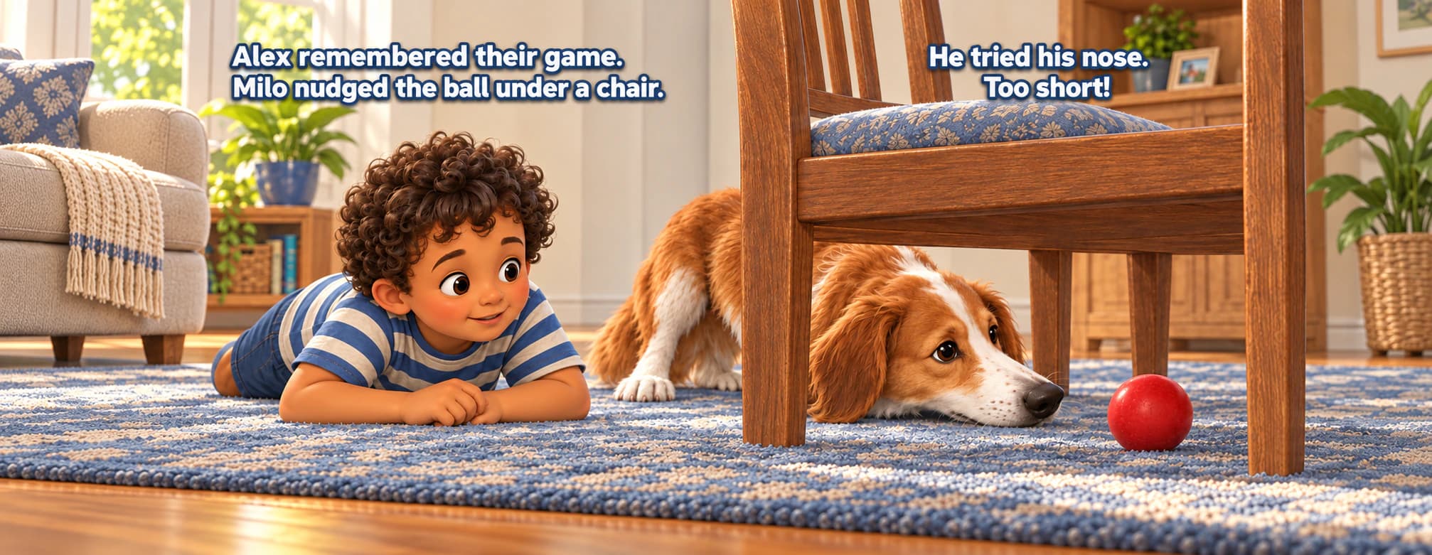 Example book spread showing Alex and Milo remembering a red ball game under a chair.