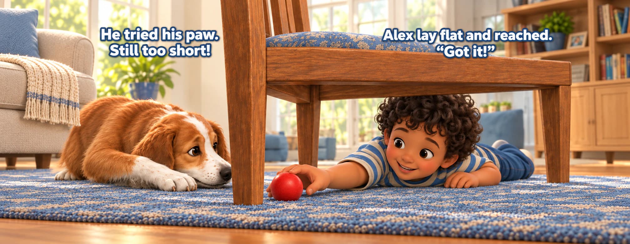 Example book spread showing Alex reaching for Milo’s red ball under the chair.
