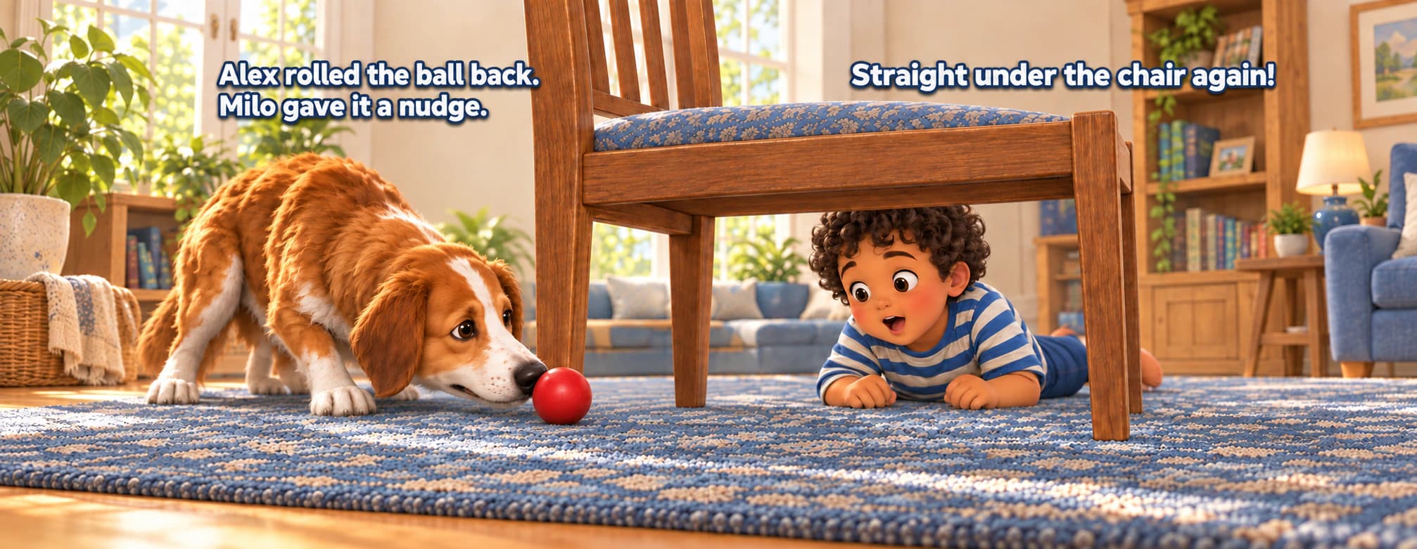 Example book spread showing Milo nudging the red ball under the chair again.
