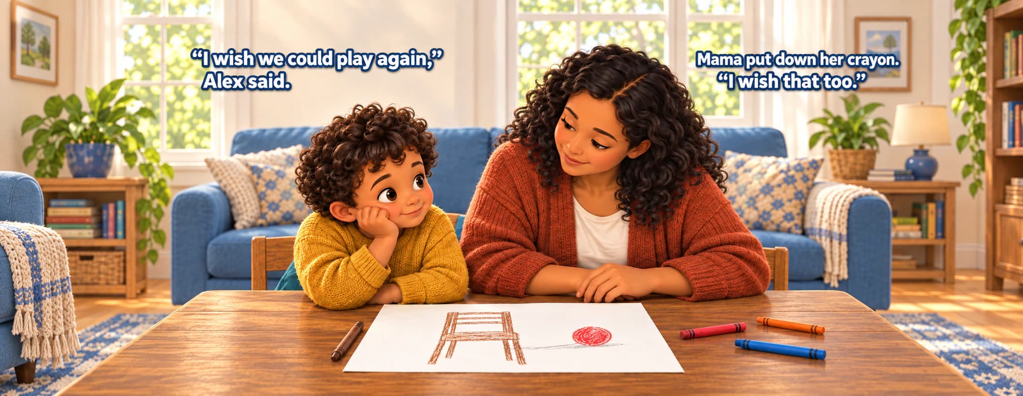 Example book spread showing Alex and Mama pausing beside an unfinished drawing.