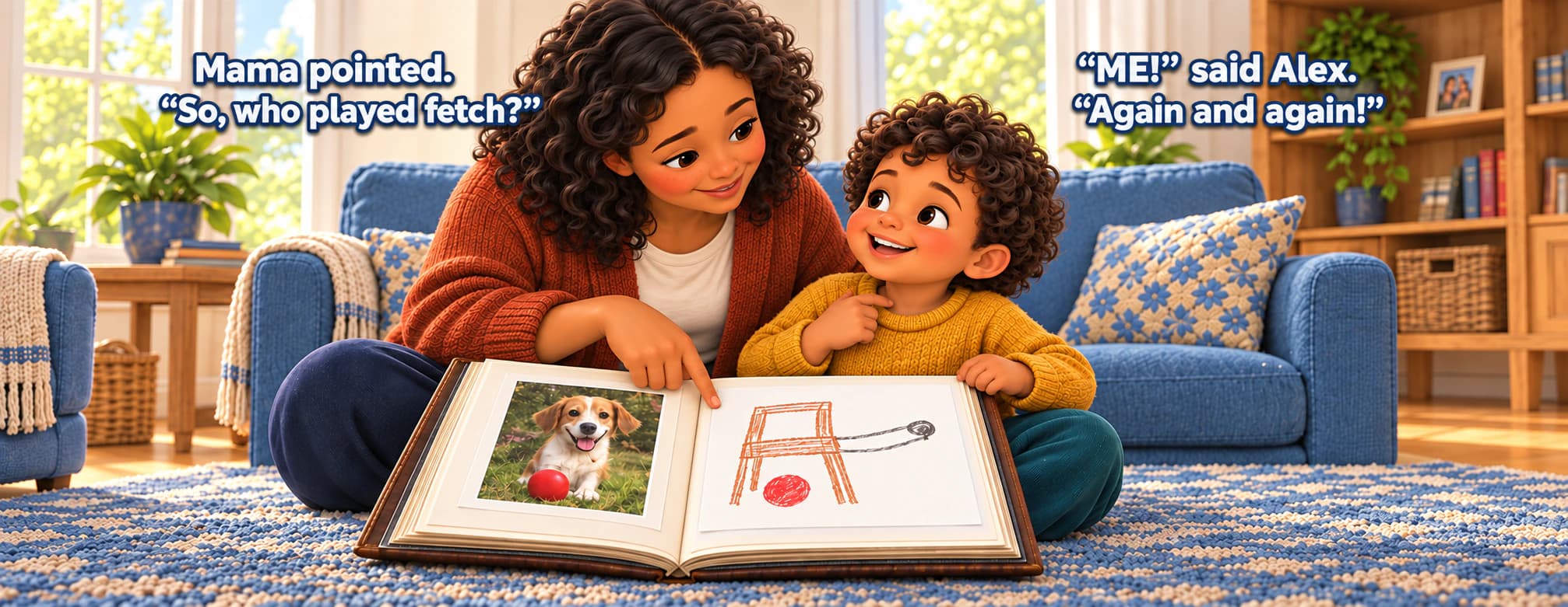 Example final book spread showing Alex and Mama smiling together over the completed Milo page.