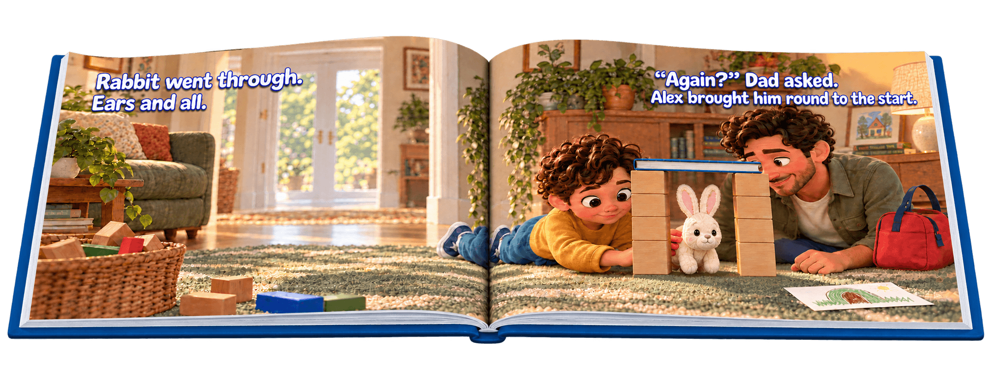 Room for Rabbit example book showing Alex and Rabbit during ordinary play in one familiar home.