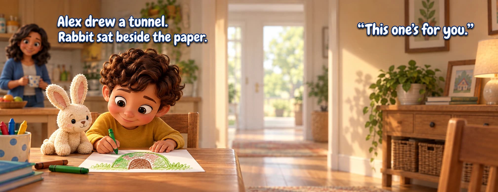 Alex draws a tunnel for Rabbit at a table, with Mama nearby.