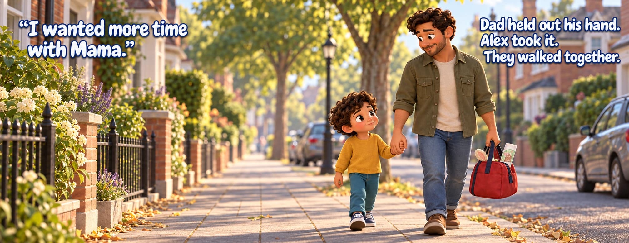 Alex walks beside Dad and takes his hand while he carries the red bag.