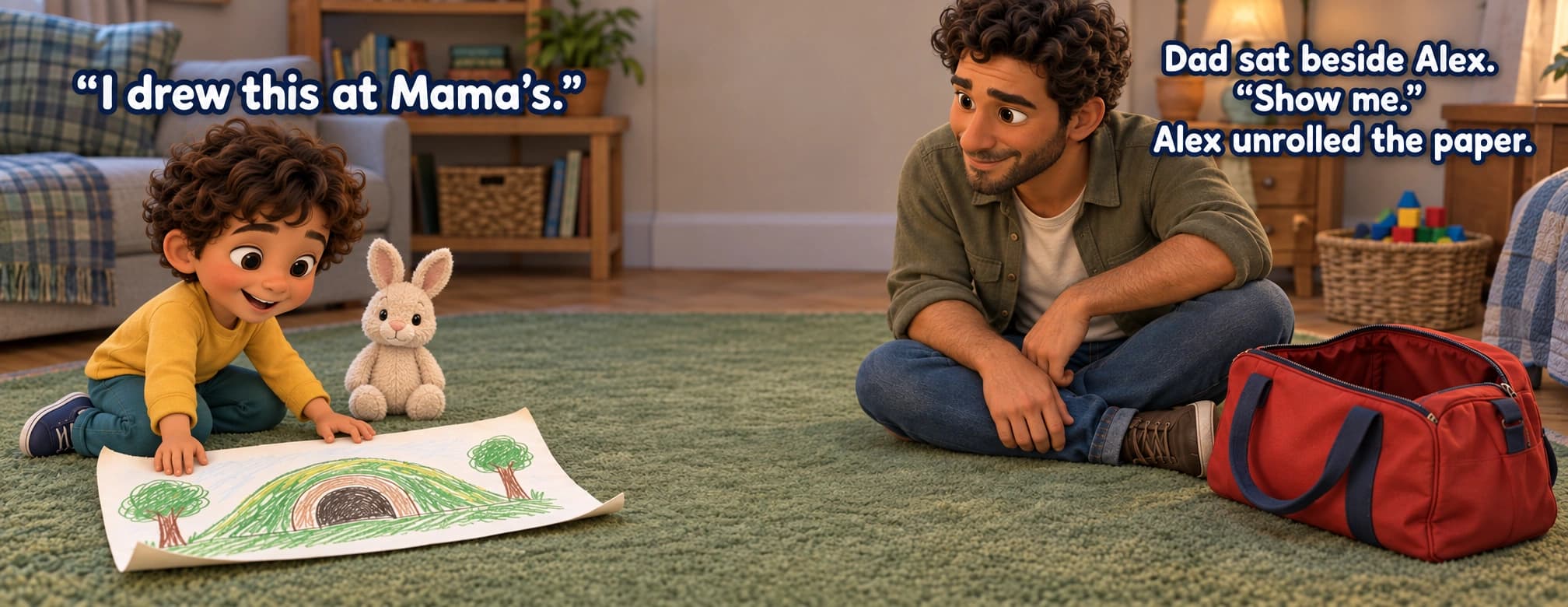 Alex unrolls the tunnel drawing on the rug while Dad sits nearby.