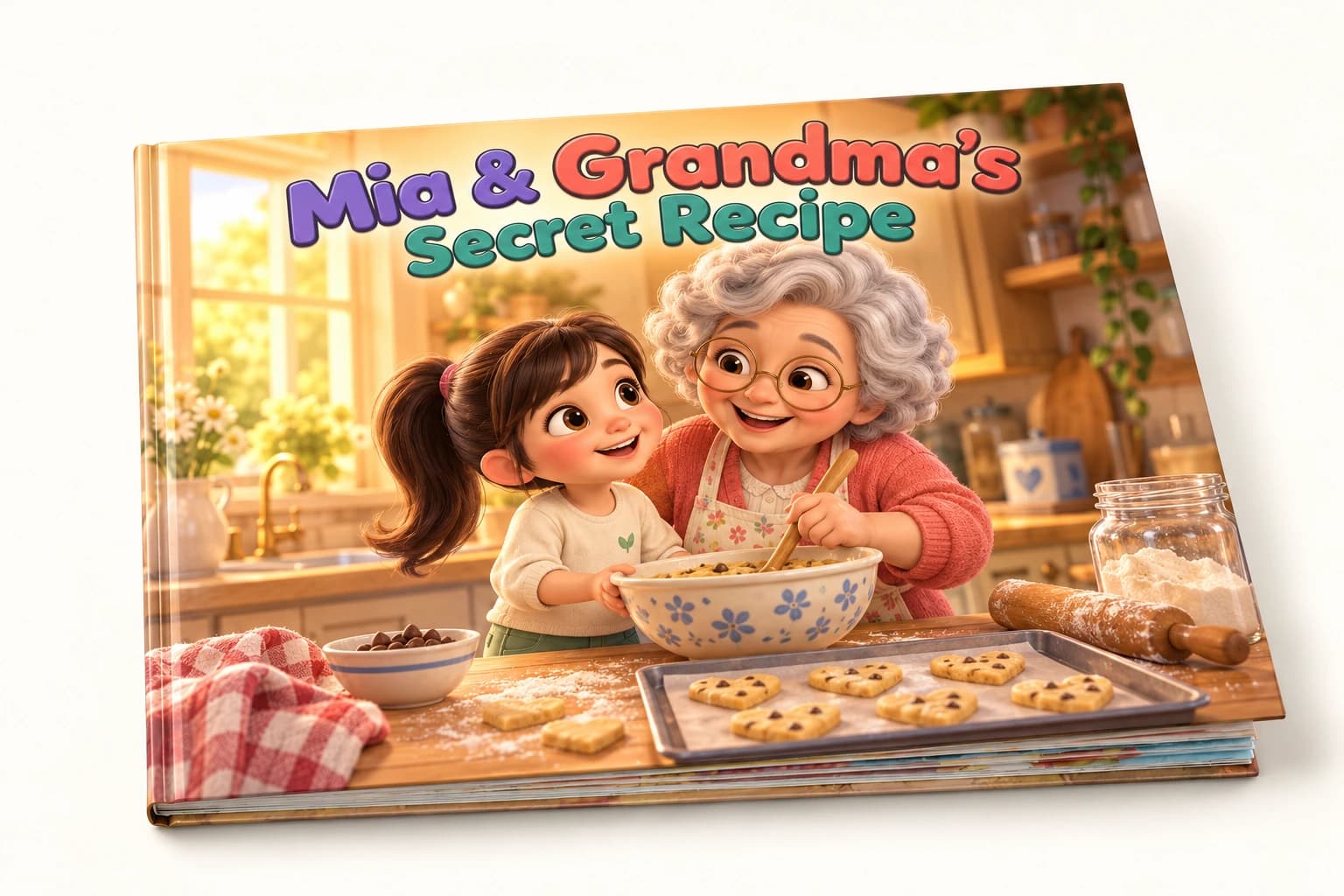 A personalized hardcover concept featuring Mia and her grandma