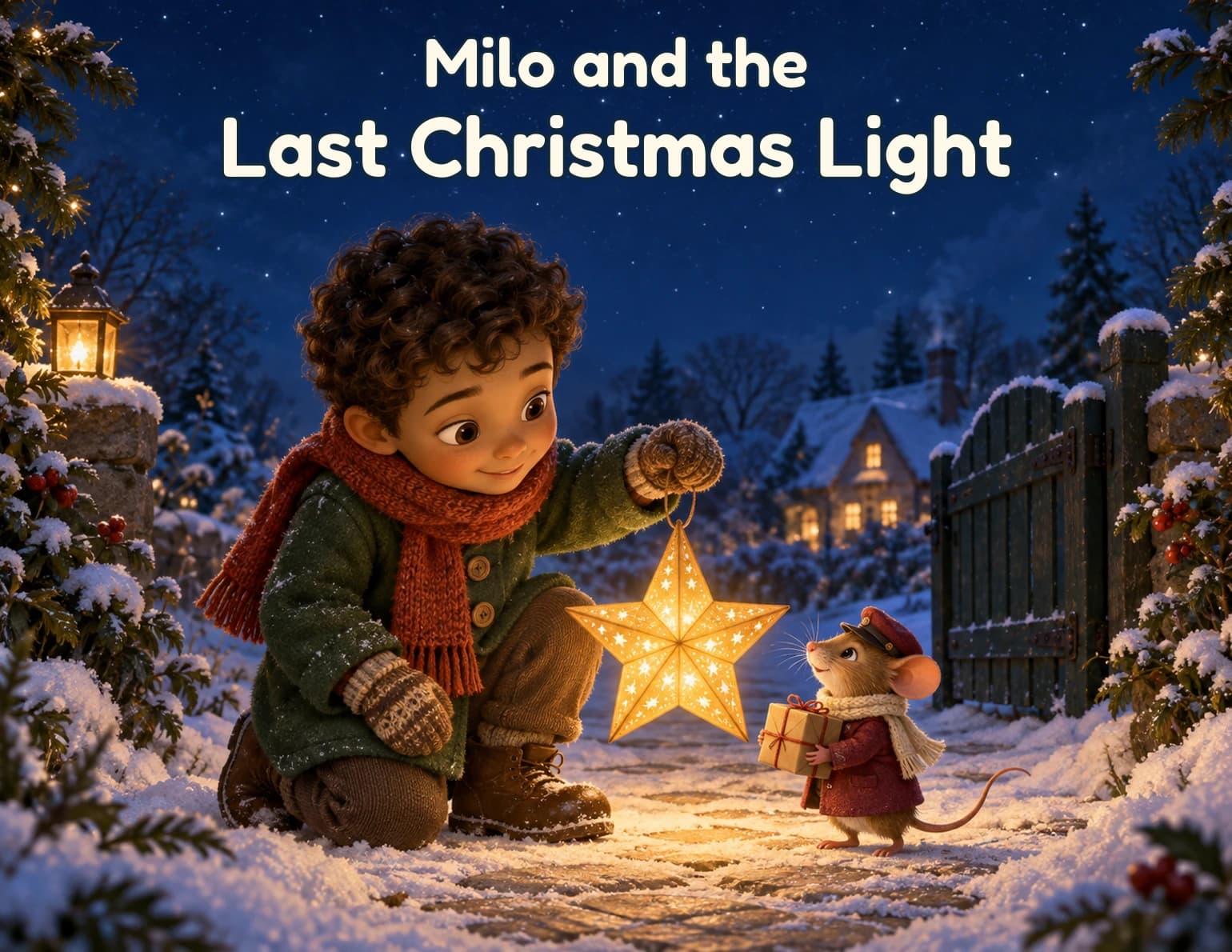 Original example cover: Milo and the Last Christmas Light. Milo holds a glowing star to help a tiny postmouse in a snowy garden.
