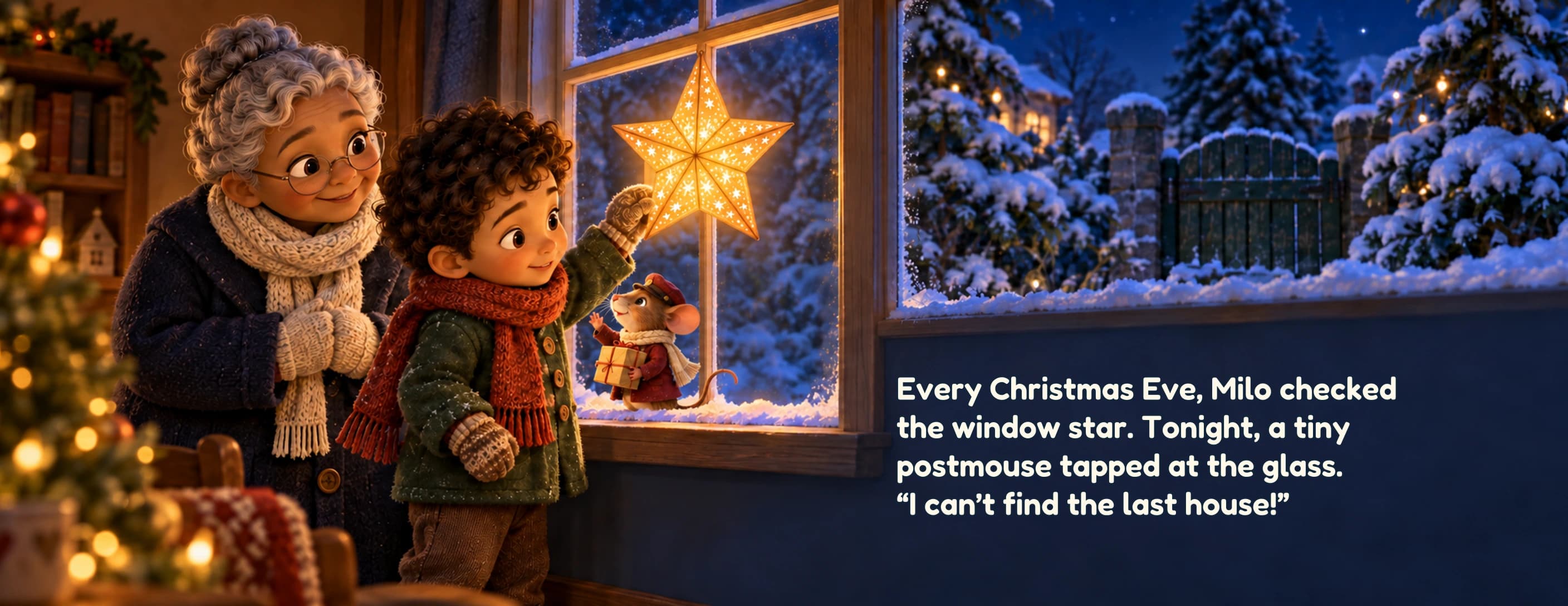 Milo checks a glowing paper star at the cottage window while a tiny postmouse with a parcel taps on the snowy sill. Grandma watches beside him.