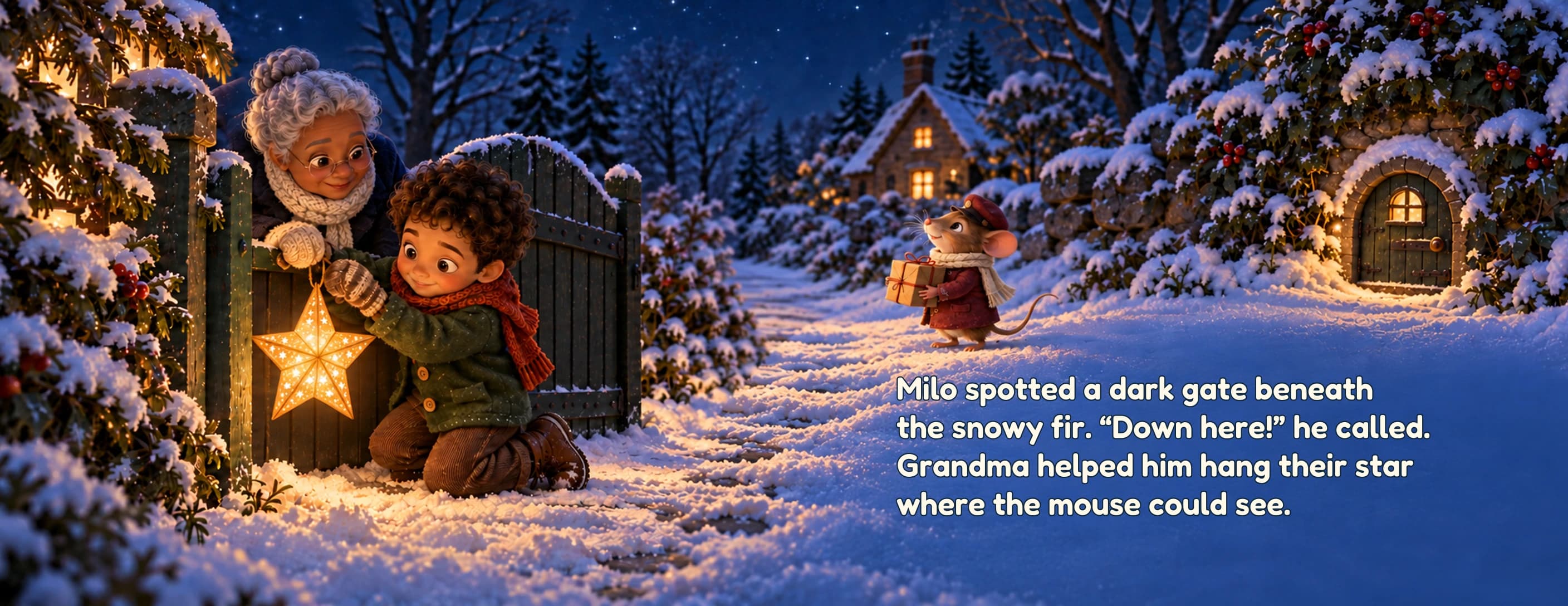 Milo and Grandma hang their paper star low on a garden gate. Its light reaches a postmouse carrying a parcel toward a small door in the stone wall.