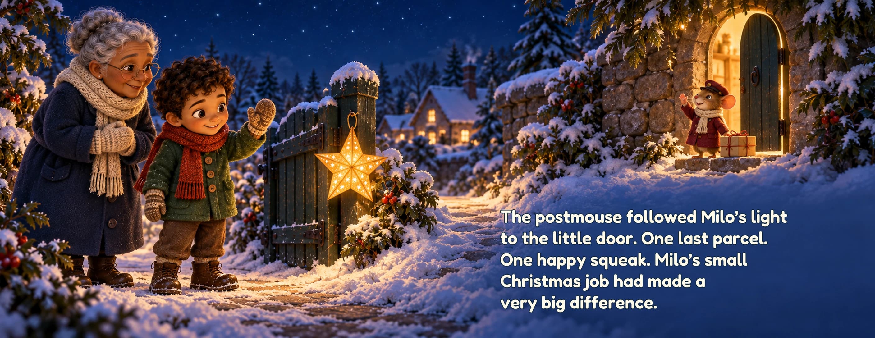 The postmouse has delivered its parcel to the glowing little doorway and waves to Milo and Grandma. Their star hangs low on the garden gate.