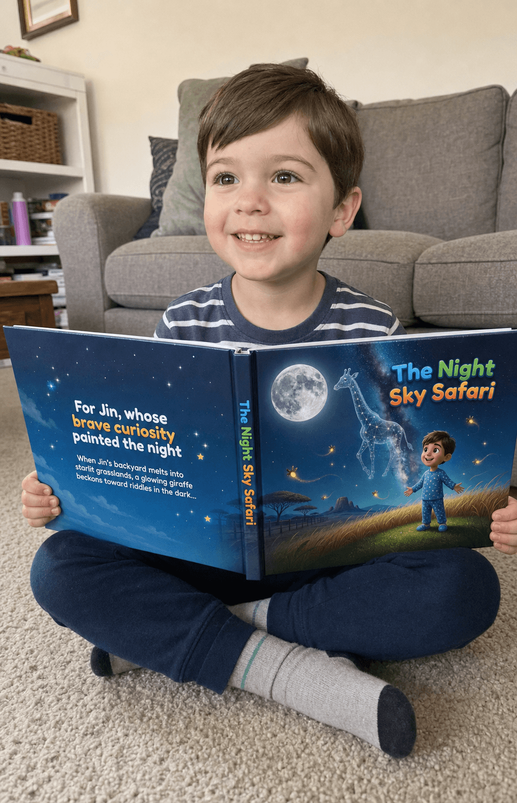 A child holding a finished personalized Tippytale hardcover book