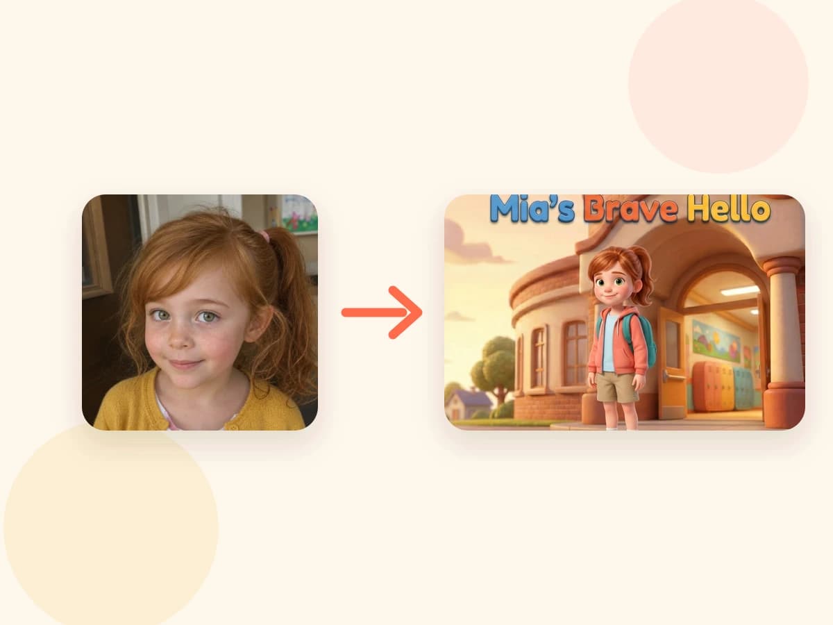 A child photo beside the child's storybook character and personalized cover
