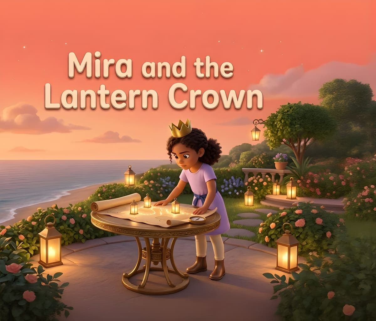 Cover of Mira and the Lantern Crown, showing Mira at a lantern map