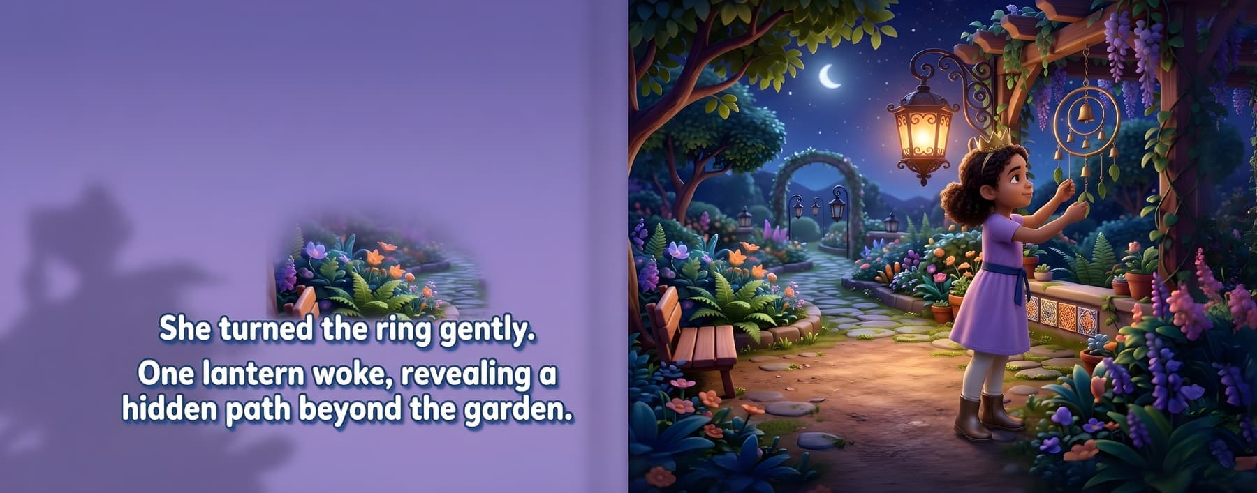 Mira turning a wind ring beside a newly lit garden lantern