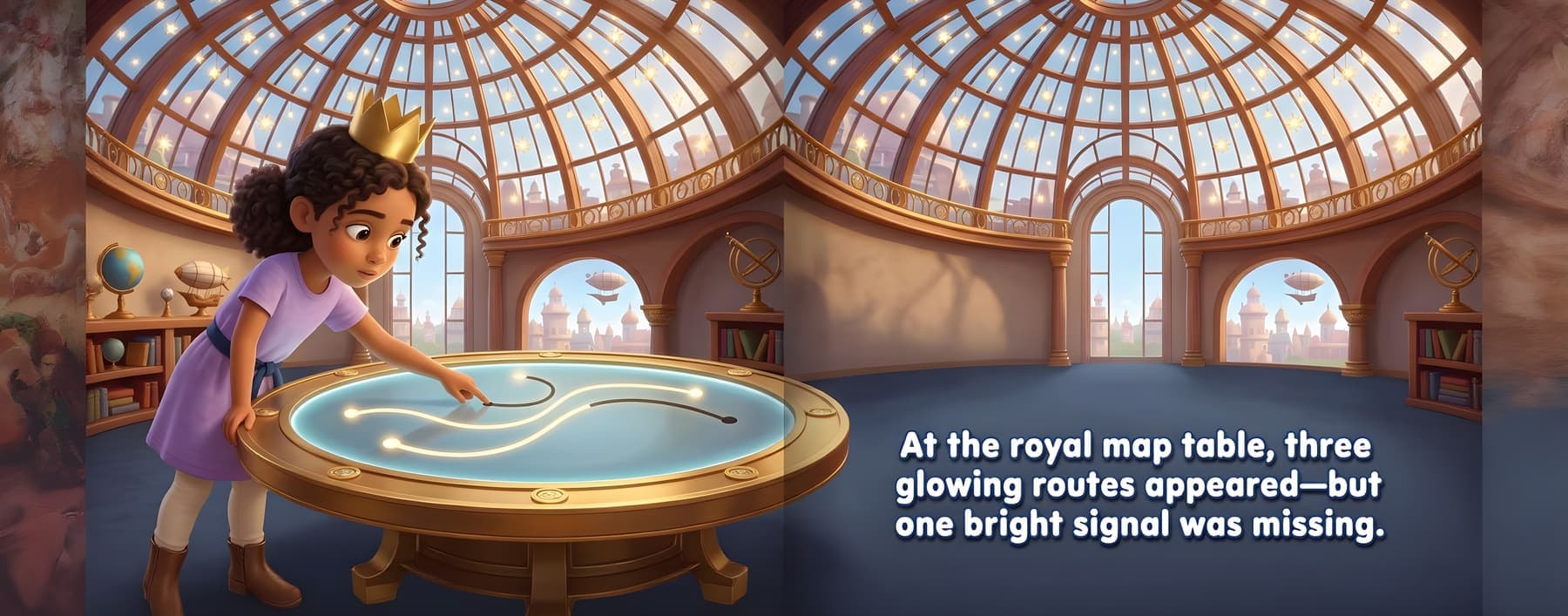 Mira at the royal map table where one route signal is missing