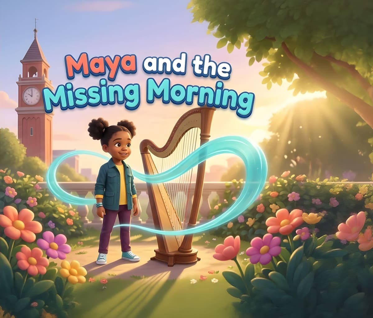 Cover of Maya and the Missing Morning, showing Maya beside a wind harp and glowing sound trail
