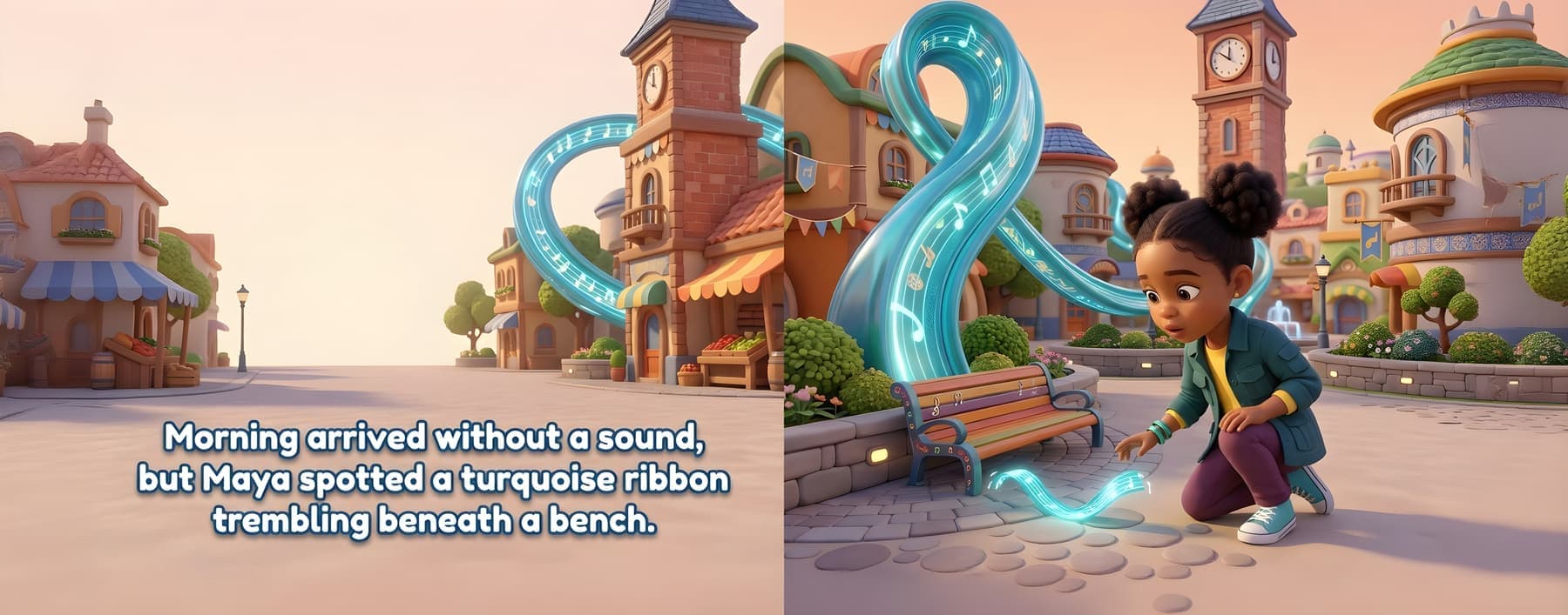 Maya discovering a turquoise sound ribbon beneath a plaza bench