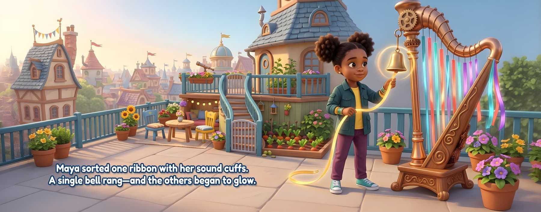 Maya sorting a glowing ribbon beside the rooftop wind harp