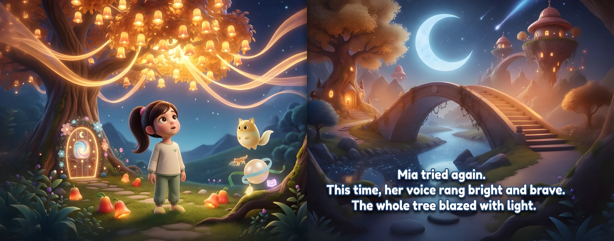 Mia looks up at the bell tree blazing with golden light, beside her glowing friend