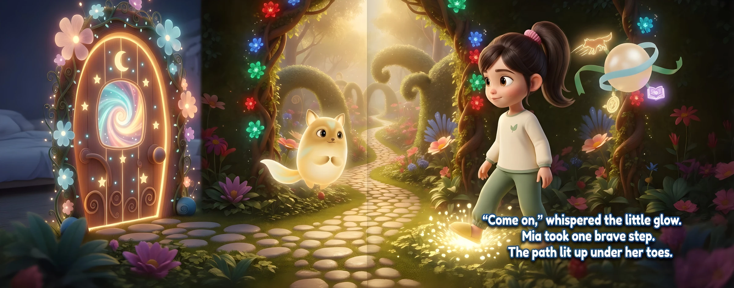 Mia takes a step onto a glowing path beside her little luminous friend, with the magical door behind them