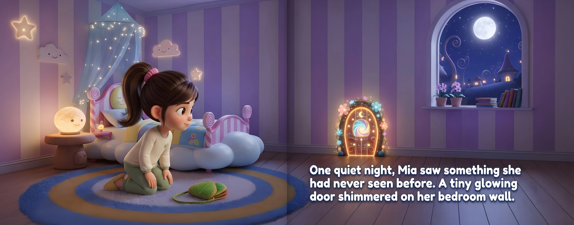 Mia kneels on her bedroom rug, looking at a tiny glowing door in the wall