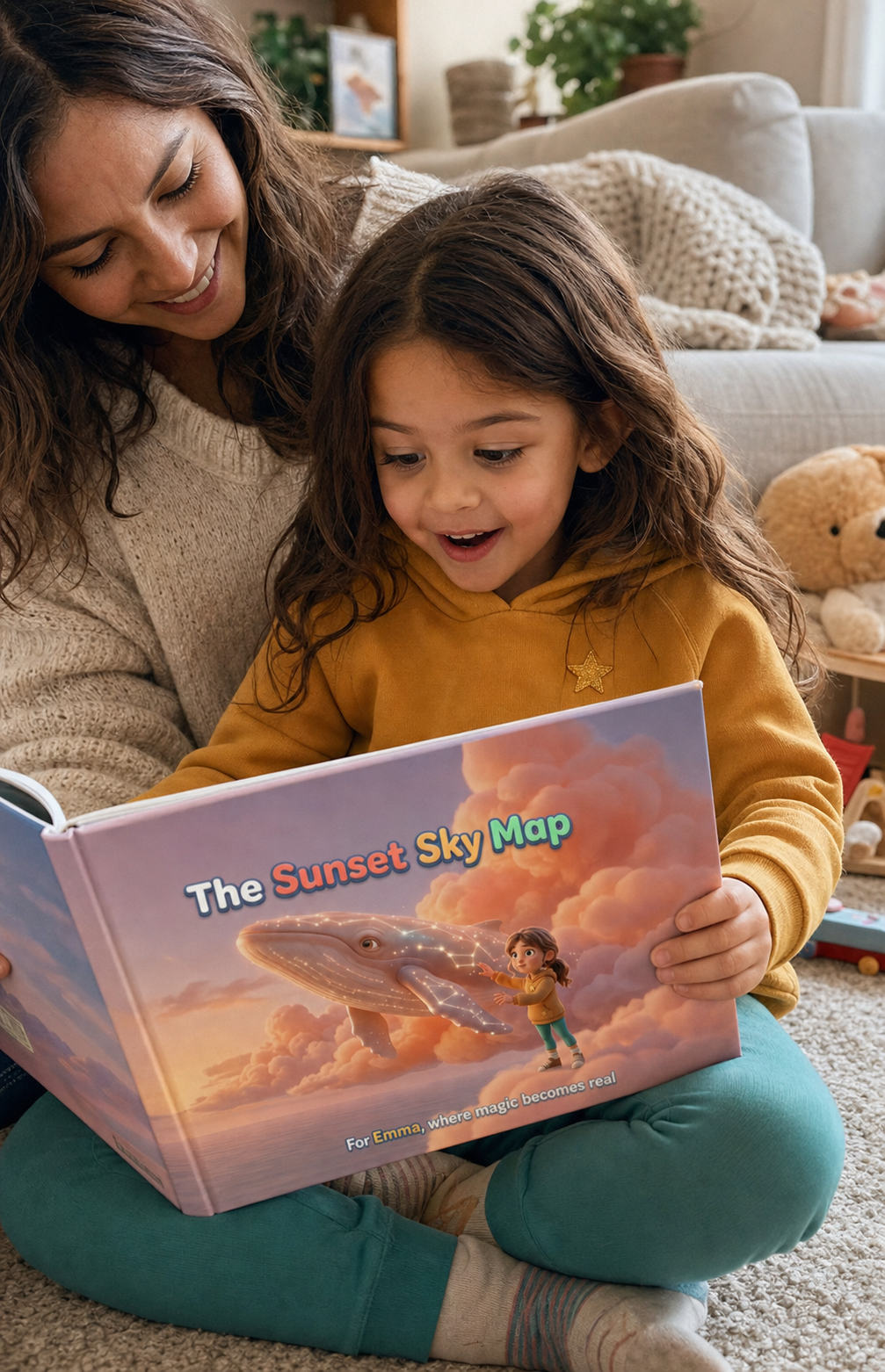 A child and parent holding a printed Sunset Sky Map book