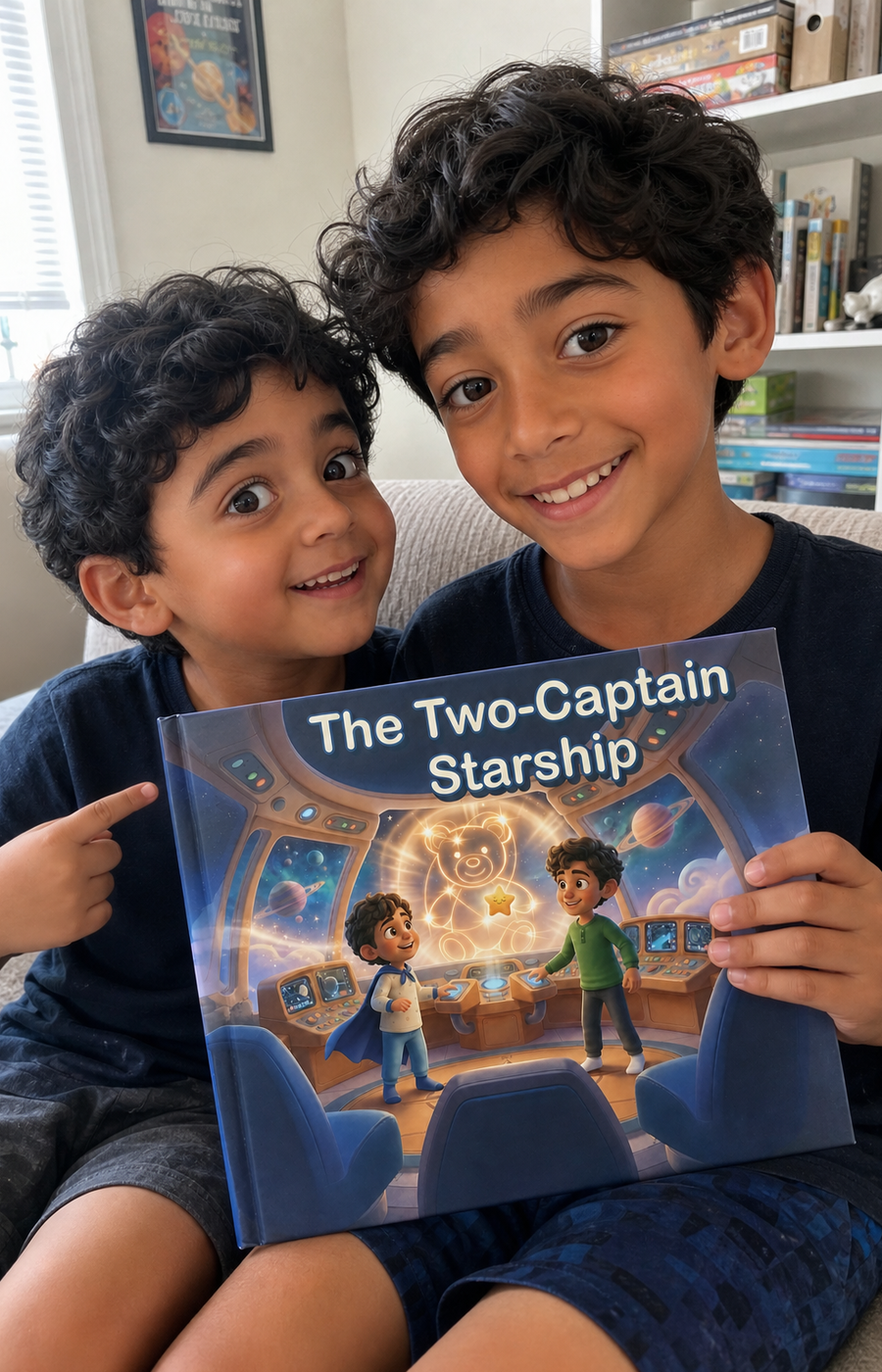 Two siblings holding a printed Two-Captain Starship book