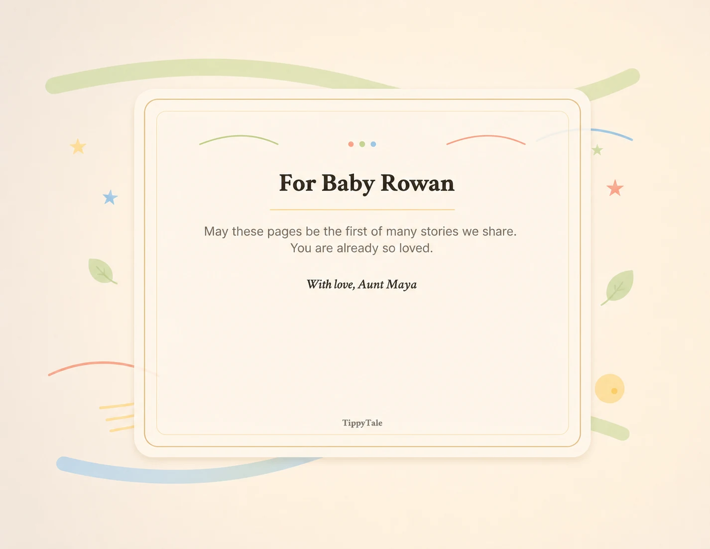 Sample printed baby shower dedication for Baby Rowan from Aunt Maya
