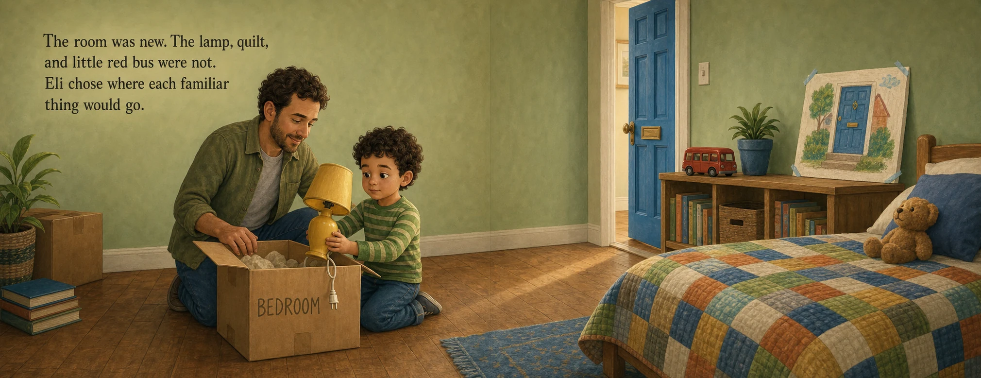 Eli unpacks a familiar yellow lamp in a new bedroom with the same quilt and red bus