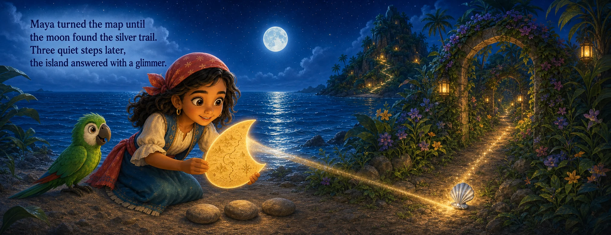 Maya aligns a glowing moon map with a silver trail on an island