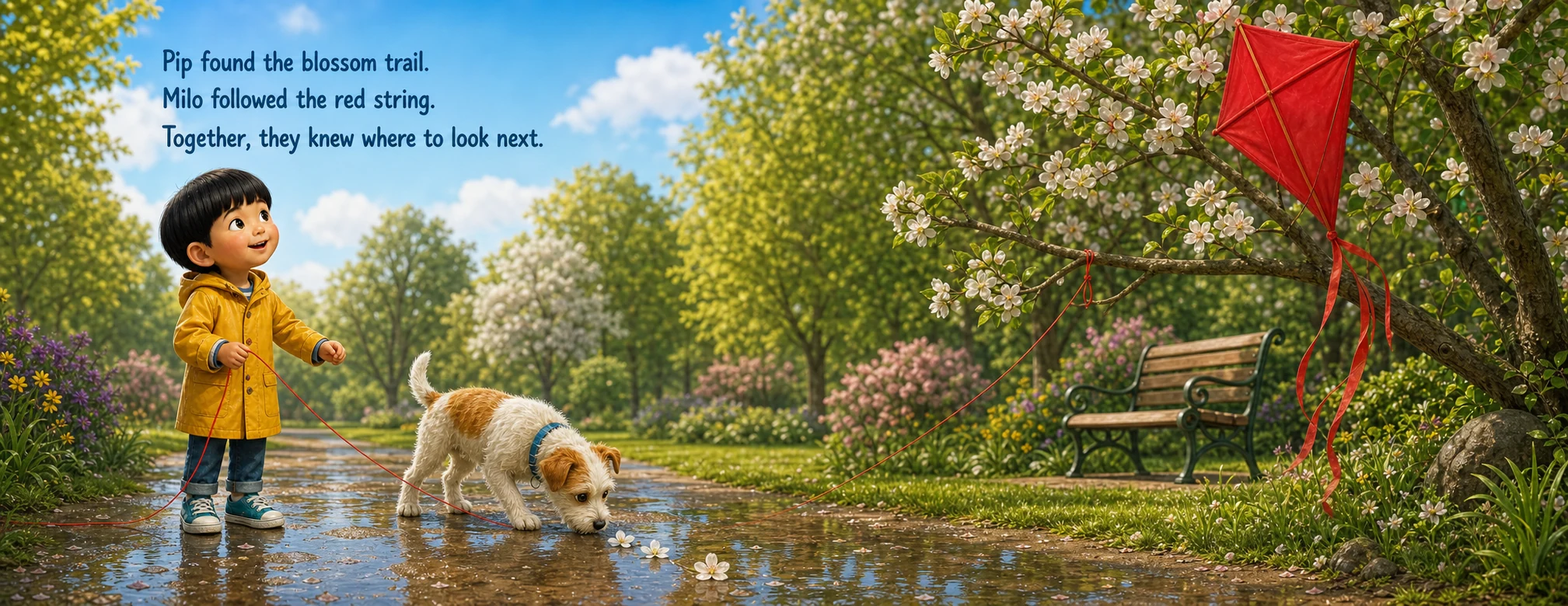 Milo follows red string while Pip sniffs a blossom trail toward a kite
