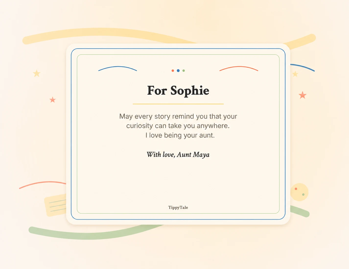 Sample printed book dedication for Sophie from Aunt Maya