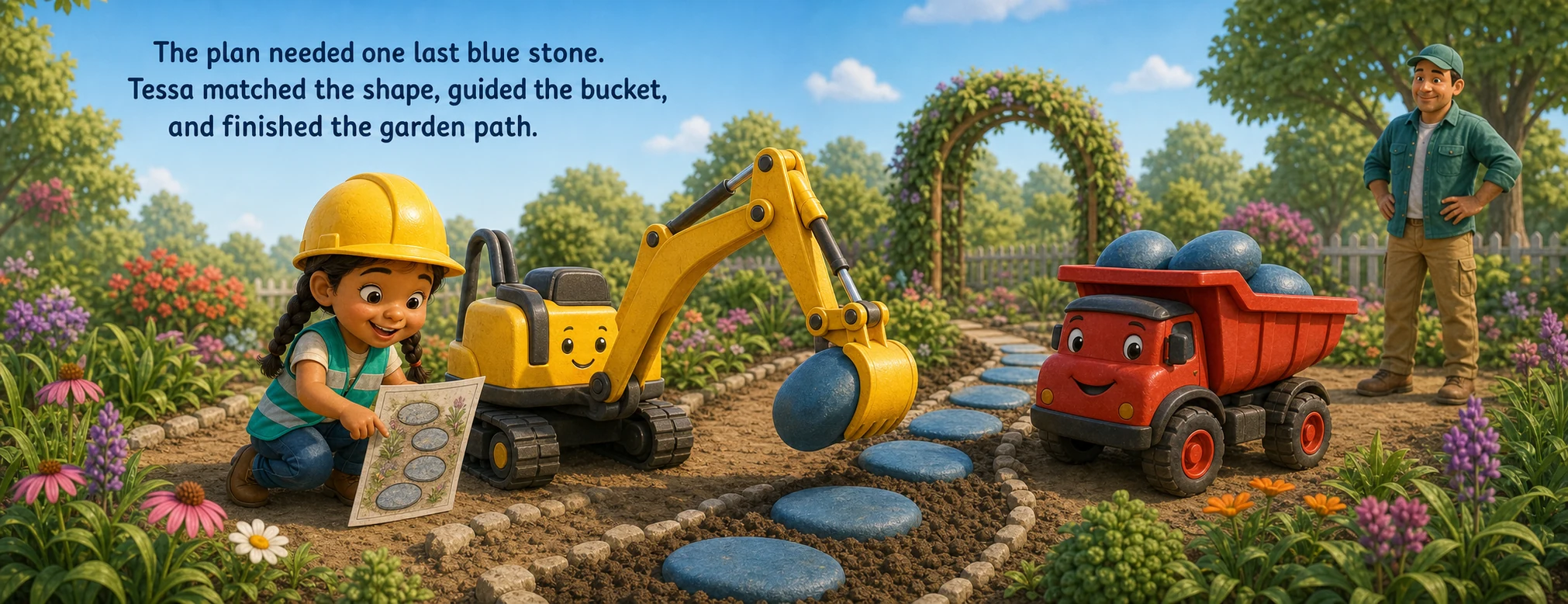 Tessa matches a blue stone on a picture plan and completes a garden path