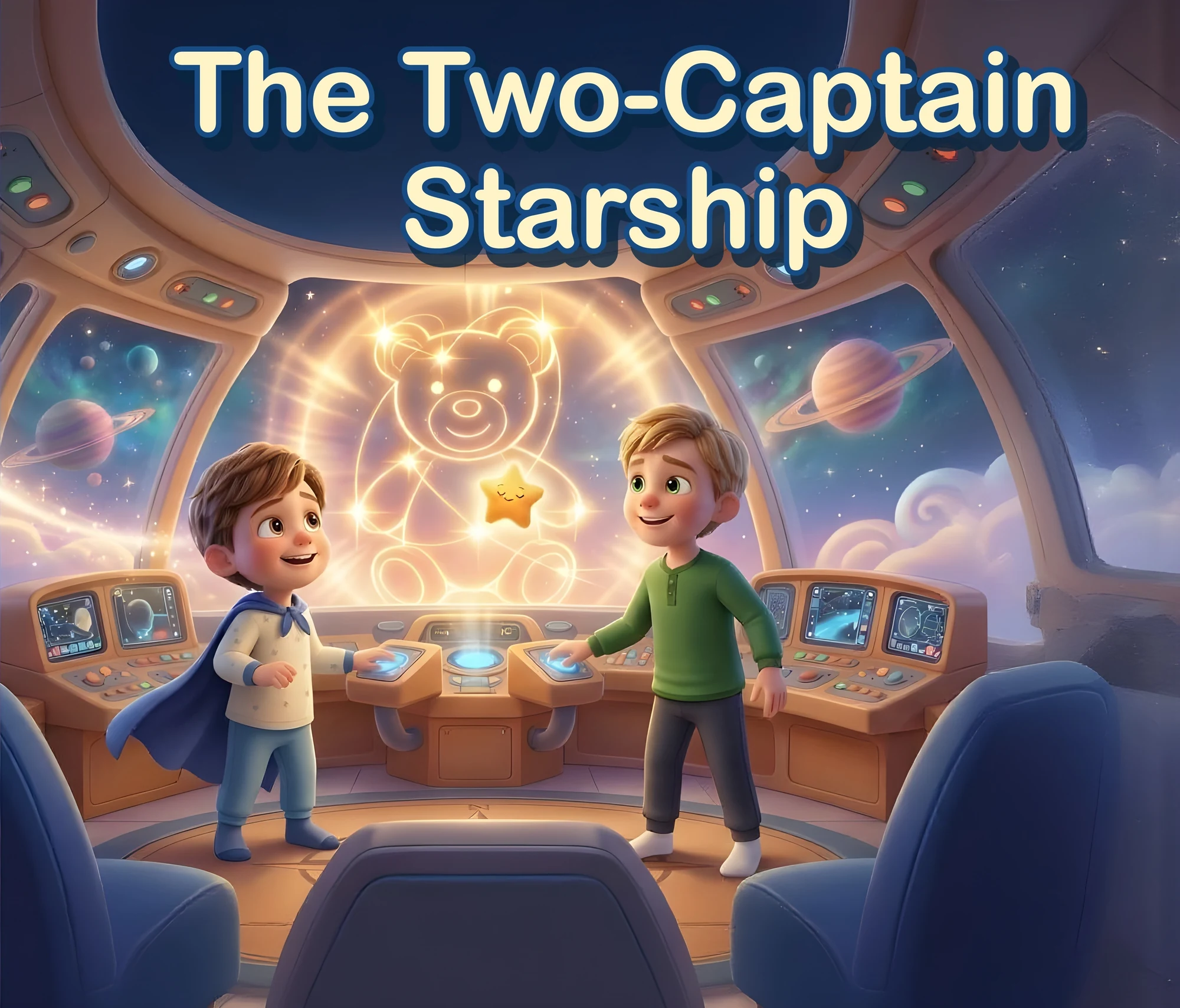Two children sharing the cockpit on The Two-Captain Starship production cover