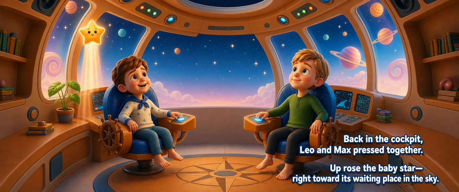Two child captains working together at the controls in a production spread