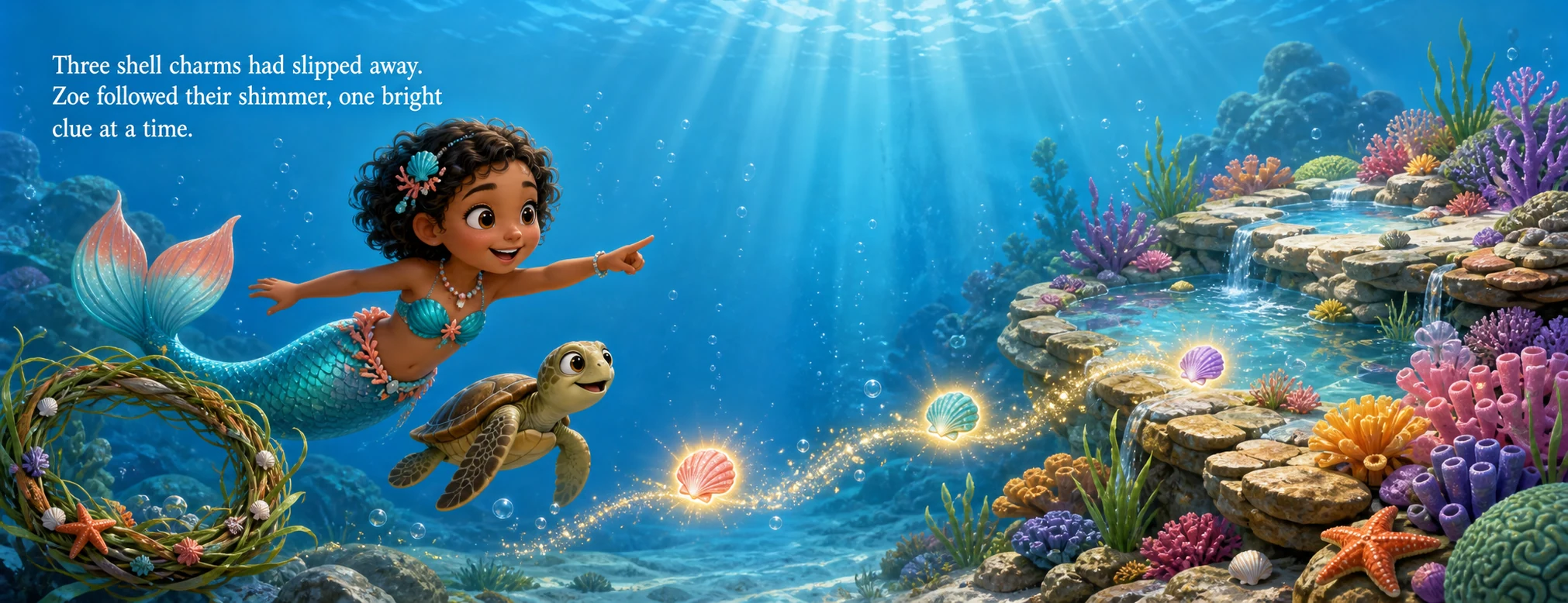 Zoe and a turtle follow three glowing shell charms toward a tidepool garden
