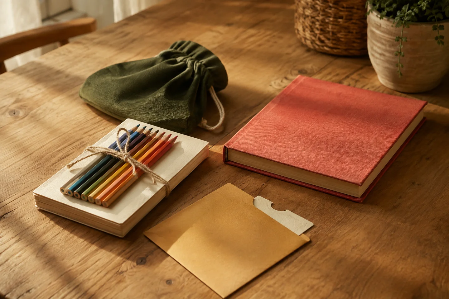 Pencils, a clothbound notebook, a small pouch and an envelope on a wooden table
