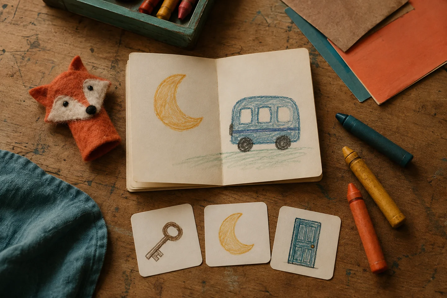 A fox hand puppet, folded drawing paper, crayons and simple illustrated story cards