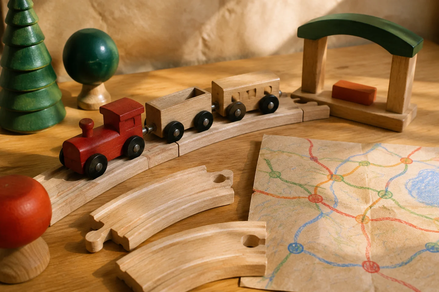 An unbranded wooden train with loose track pieces, a small station and a folded paper map