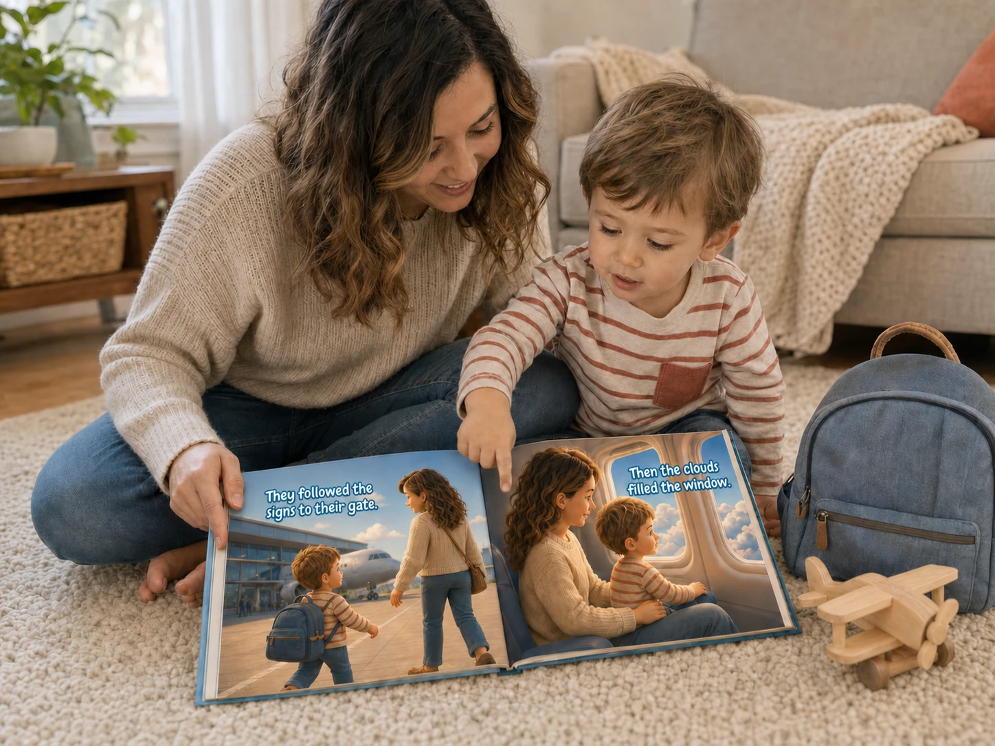 A toddler points to an airplane journey in an open picture book beside a caregiver, travel bag, and toy plane