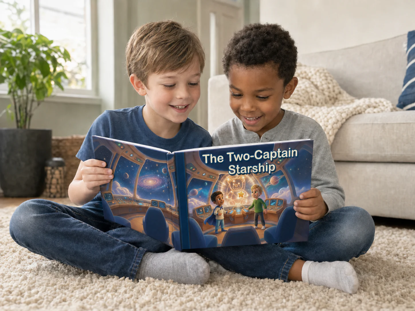 Two friends sharing a landscape-format Two-Captain Starship hardcover