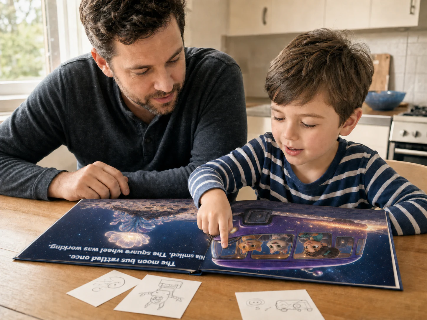 A parent and child reviewing a fictional moon-bus story in an open landscape book