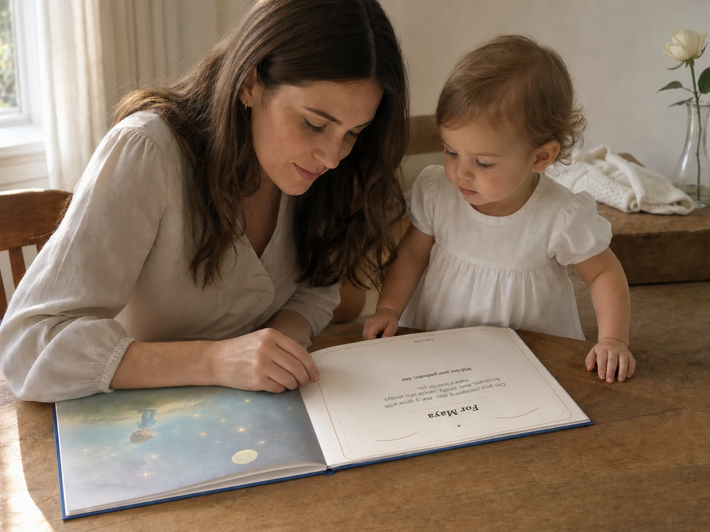 An adult writing an inscription inside a landscape-format book while a child watches
