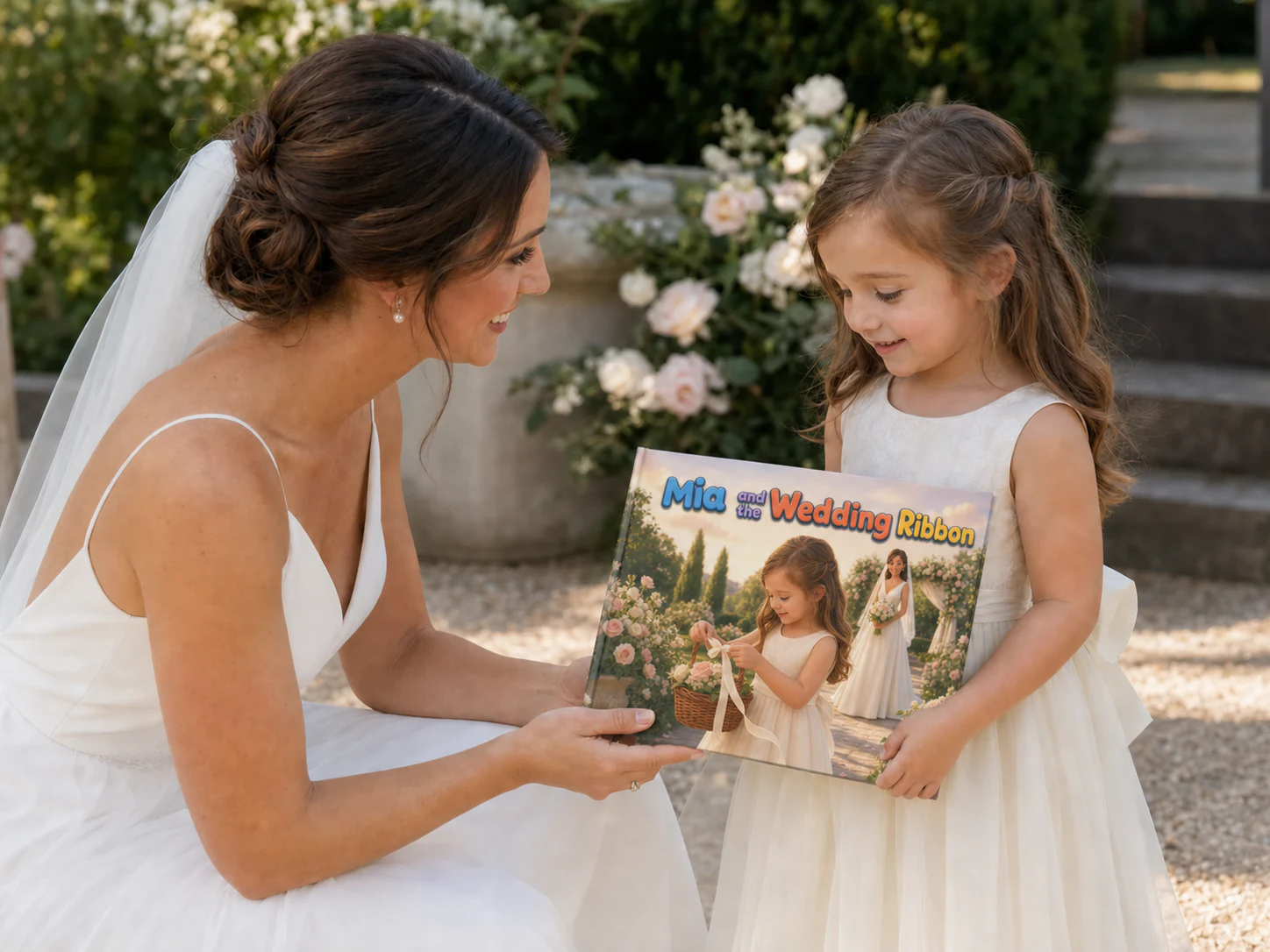 A bride giving a flower girl a landscape-format personalized storybook