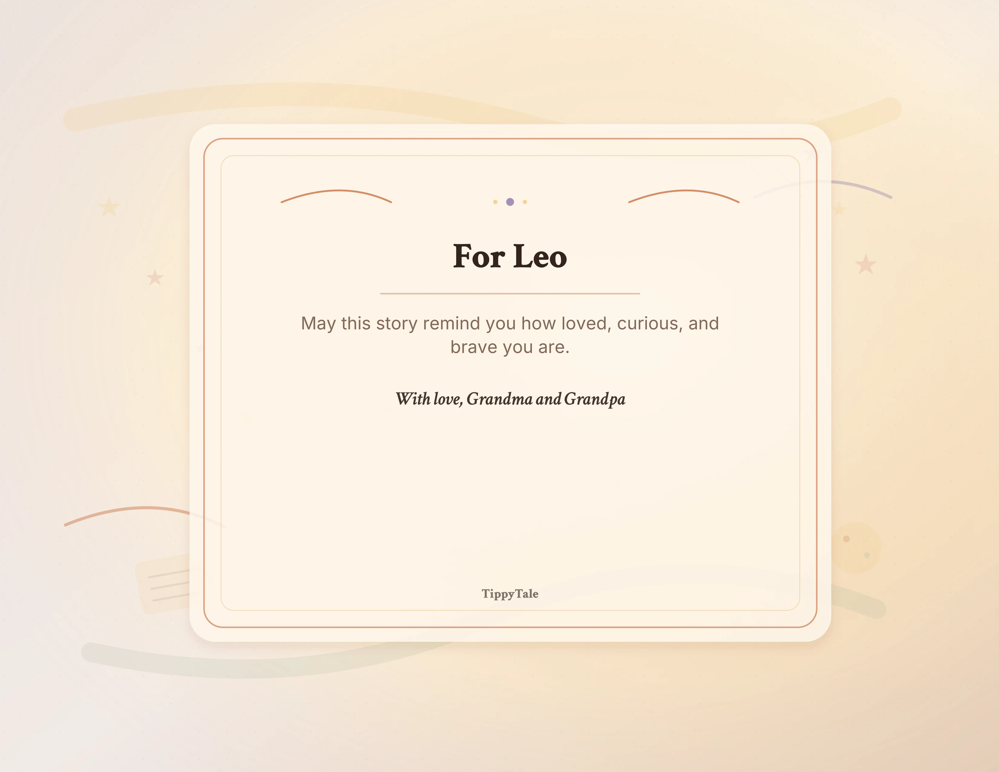 Sample Tippytale printed book dedication for a grandson named Leo from Grandma and Grandpa