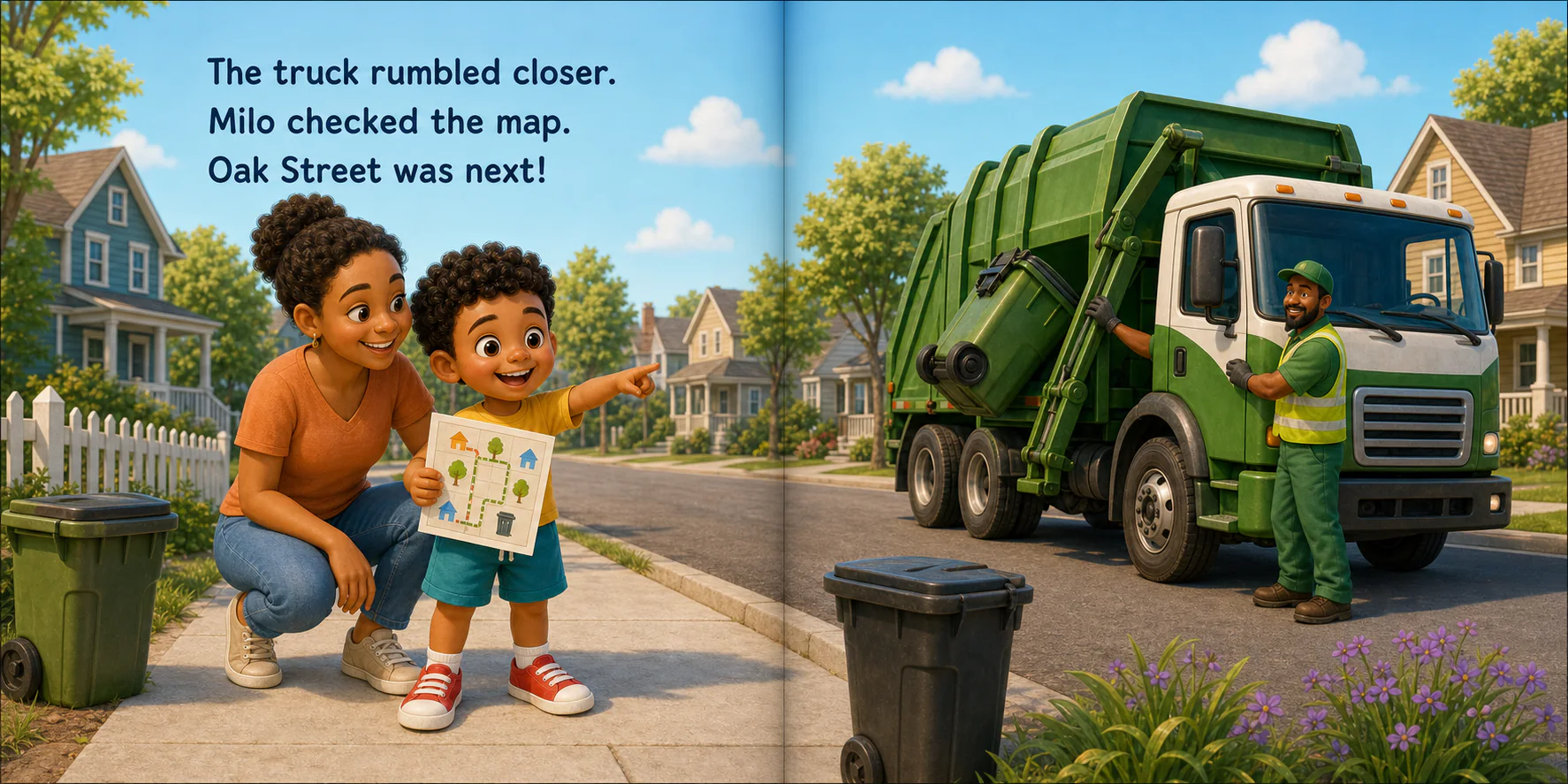 Milo checks the garbage route beside a grown-up in a sample story spread