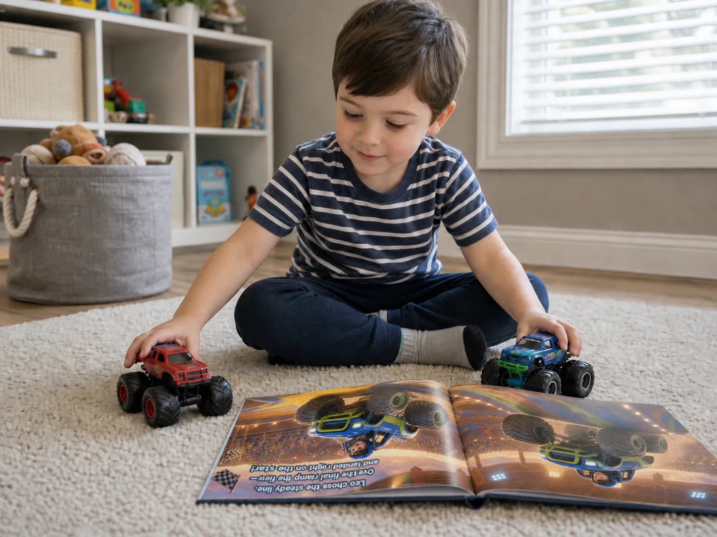 A child comparing monster truck toys with an open landscape storybook