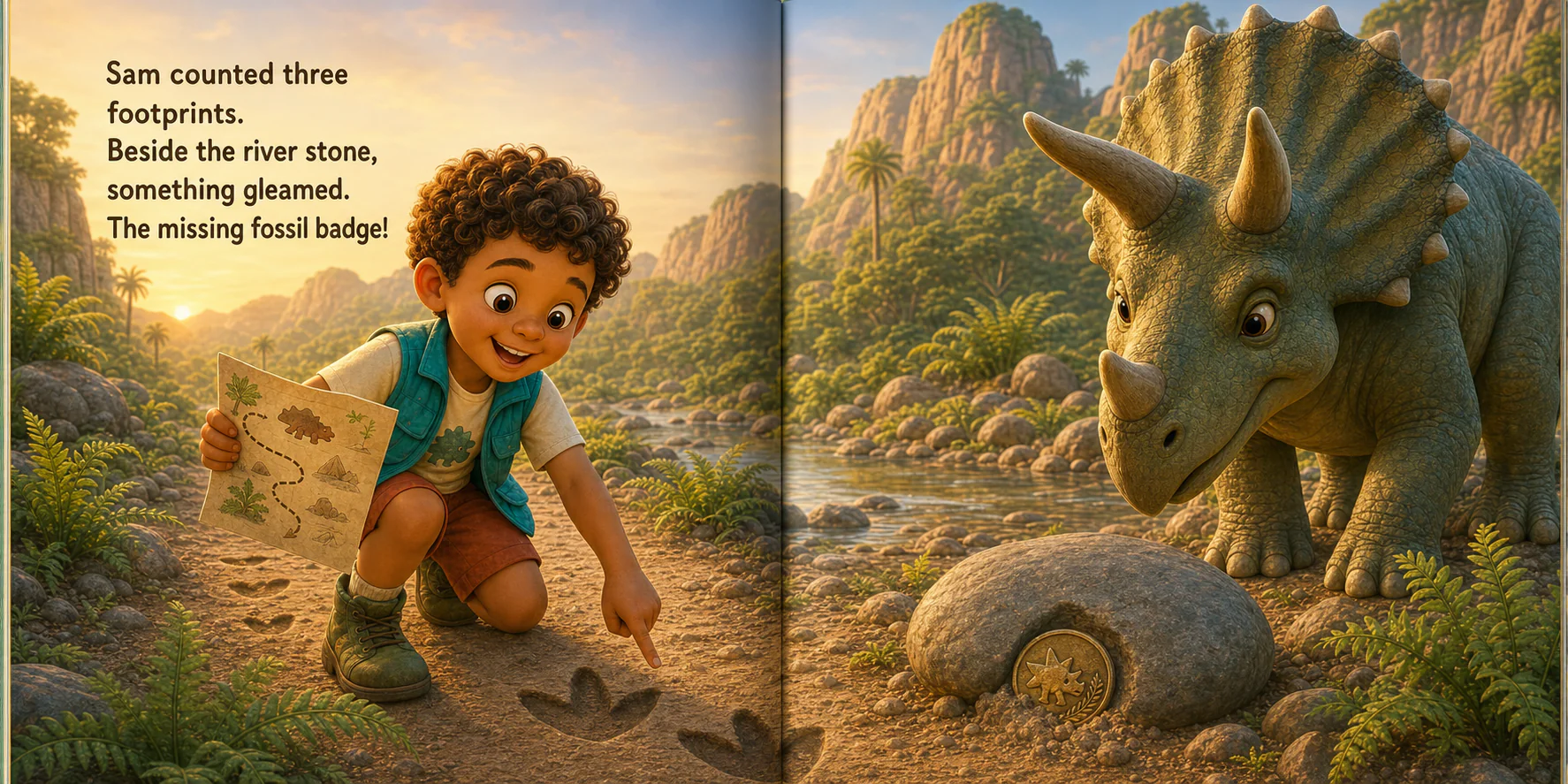 Sam finds a fossil badge beside a friendly triceratops in a sample story spread